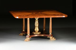 A BALTIC NEOCLASSICAL STYLE INLAID MAHOGANY, SATINWOOD, COROMANDEL, ROSEWOOD, AND CURLY MAPLE PARCEL GILT SQUARE CENTER TABLE, 19TH CENTURY,