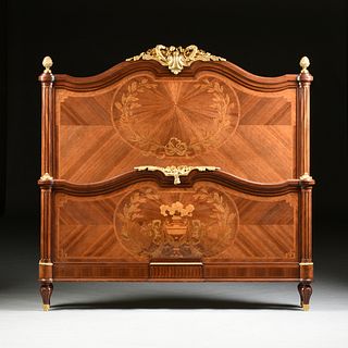 A FINE LOUIS XVI STYLE ORMOLU MOUNTED TULIPWOOD AND VARIOUS WOODS INLAID MARQUETRY BED, SIGNED, LATE 19TH/EARLY 20TH CENTURY,