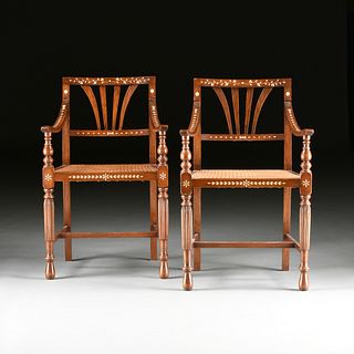 A SET OF SIX SPANISH COLONIAL FILIPINO BONE INLAID AND CANED NARRA WOOD ARMCHAIRS, BULACAN PROVINCE, EARLY 19TH CENTURY,