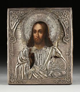A RUSSIAN TEMPERA PAINTED ICON OF CHRIST PANTOCRATOR WITH SILVER OKLAD, STAMPED,1874,