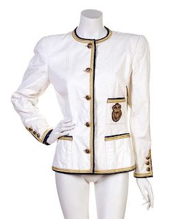 * A Cream Textured Jacket with Gold and Navy Trim,