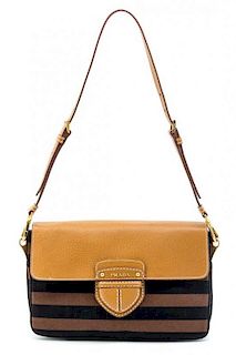 * A Prada Black and Brown Canvas Striped Handbag, 11" x 7" x 3".