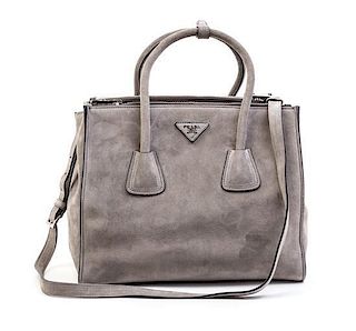 A Prada Grey Suede Twin Pocket Tote Handbag,