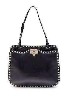 A Valentino Black Leather Rockstud Single Handle Handbag,