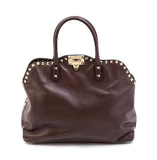 A Valentino Brown Leather Rockstud Double Handle Handbag,