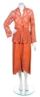 A Becky Bisoulis Burnt Orange Suede and Lace Skirt Ensemble, No size.