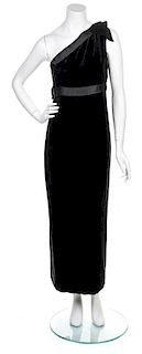 * A Chanel Black Velvet Single Shoulder Gown, Size 38.