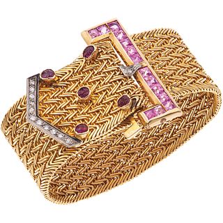BRACELET WITH RUBIES, DIAMONDS AND SIMULANTS IN 18K YELLOW GOLD AND PALLADIUM SILVER 
