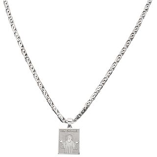 NECKLACE AND MEDAL IN 10K AND 14K WHITE GOLD Necklace in 10K gold. Box clasp. Length: 26.3" (67.0 cm) San Charbel Medal in 14K gold. Size: 0.9 x 1.6" 