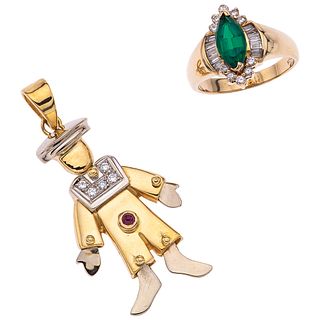 PENDANT AND RING WITH TOURMALINE, DIAMONDS AND SIMULANT IN 18K AND 14K YELLOW AND WHITE GOLD  