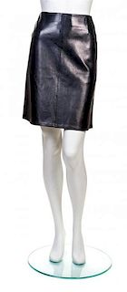 * A Chanel Blue Leather Skirt, Size 38.