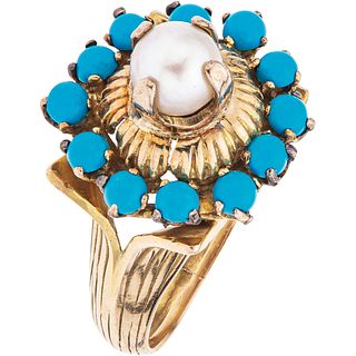 RING WITH CULTIVATED PEARL AND SIMULANTS IN 14K YELLOW GOLD Weight: 8.0 g. Size: 6 1 Semi-spherical cultured pearl ...