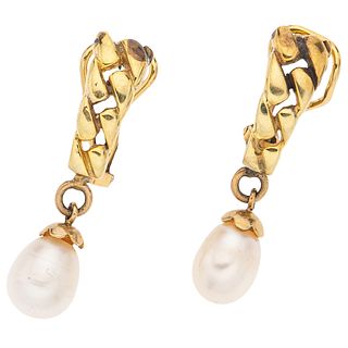 PAIR OF 14K YELLOW GOLD CULTIVATED PEARL EARRINGS Show wear. Weight: 5.4 g. Size: 0.5 x 3.1 ...