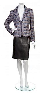* A Chanel Fantasy Tweed Jacket and Brown Leather Skirt,  Size 42.