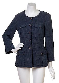 * A Chanel Navy and Teal Boucle Jacket, Size 40.
