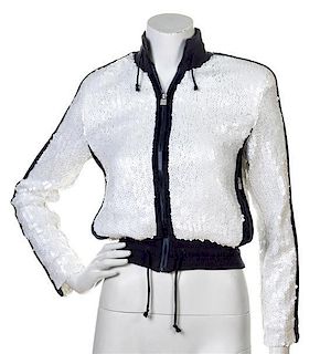 * A Chanel White and Navy Sequin Baseball Jacket, Size 34.