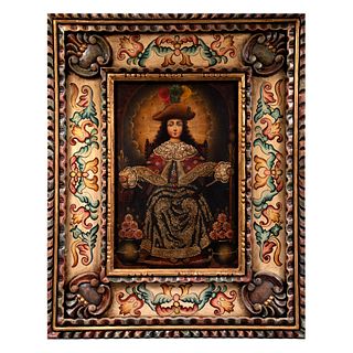 ANÓNIMO Santo niño de Atocha Escuela Cusqueña Óleo sobre tela Enmarcado en madera tallada y policromada con detalles pintados a mano