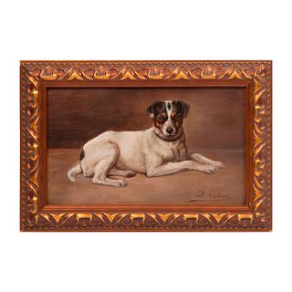 D. CORTINA Retrato de perro Jack Russell terrier Firmado al frente Óleo sobre tabla Enmarcado 23 x 33 cm con marco