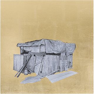 OMAR CASTILLO, De la serie Límites, 2018, Acrílico, acuarela, tinta y hoja de oro sobre papel sobre madera, 70 x 70 cm, Con certificado
