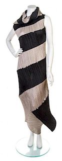 An Issey Miyake Beige and Black Pleated Column Dress,