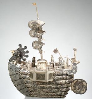 HUGE Carved Bone Boat with Rooster Bow 