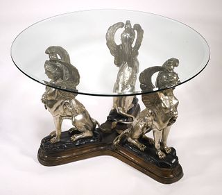 Figural Female Winged Griffin Bronze Glass Table  