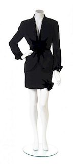 A Thierry Mugler Black Wool and Velvet Skirt Suit, Size 36.