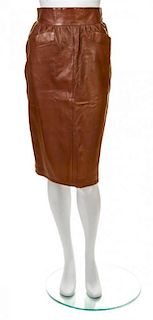A Thierry Mugler Brown Leather Skirt, Size 40.