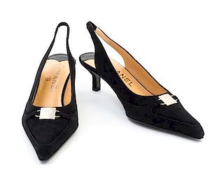 A Pair of Black Suede Slingbacks, Size 36.5.