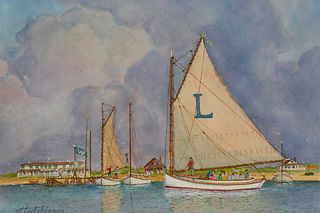John Hutchinson Watercolor "The Lillian Arrives at the Wauwinet House"