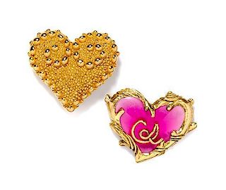 A Pair of Christian Lacroix Heart Pins, 3" x 2".