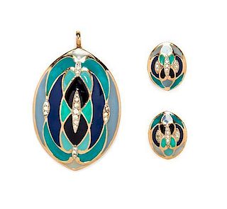 * An Eisenberg Multicolor Enamel Pendant and Matching Earclips,