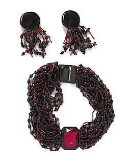 A Gerda Lynggaard for Monies Carved Ebony and Red Beaded Demi Parure,