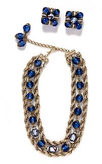 * A Hobe Triple Strand Necklace and Earclip Set,