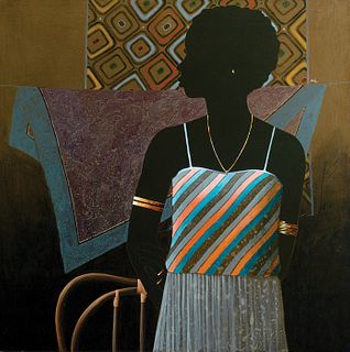 Emilcar Similien, Haitian b. 1944, Black and gold portrait , Lacquer on panel, panel floated on other panel for framing purposes
