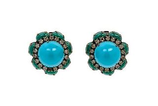 * A Pair of Kenneth Jay Lane Blue and Green Earclips,