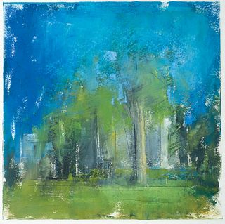 Stuart Shils, Am. b. 1954, Green Trees - Blue Sky, Oil monotype, image on sheet, framed under glass
