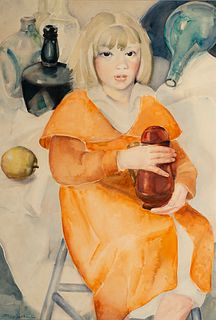 Antonia (Tony) Nell, Am. 1881-1960, Portrait of Girl in Orange Dress, Watercolor on paperboard, matted and framed