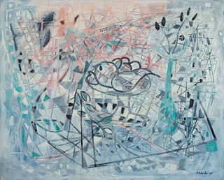 Louis Schanker, Am. 1903-1981, Blue and Coral Geometric Abstract, 1948, Oil on canvas, framed