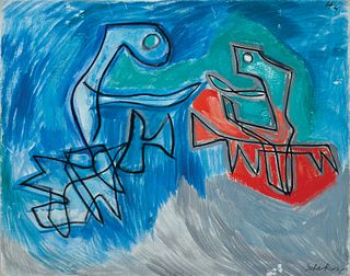 Louis Schanker, Am. 1903-1981, Blue, Green, and Red-Orange Abstract, 1944 , Oil on canvas, unframed