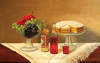 Uriah Norton Dyer, Am. 1849-1927, Still Life with Cake, 1915, Oil on board, framed