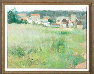 Eurilda Loomis France, Am. 1865-1931, Field with Distant Houses, Oil on canvas, framed