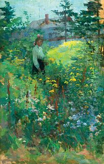 Eurilda Loomis France, Am. 1865-1931, Woman Amid the Flowers, Oil on canvas laid to panel, framed