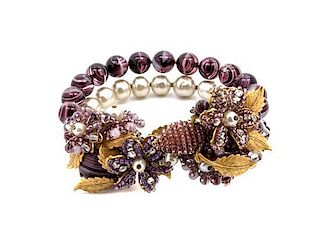 * A Miriam Haskell Purple and Faux Pearl Floral Bracelet,