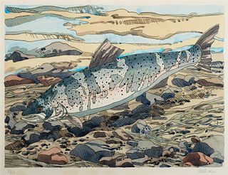 Neil Welliver, Am. 1929-2005, Salmon, 1977, Etching and watercolor on paper, framed under glass