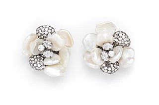 * A Pair of Sarin Clear Rhinestone Floral Earclips,