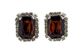 A Pair of Brown Stone and Rhinestone Earclips,
