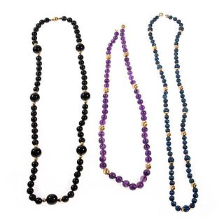 Three beaded and 14k gold necklaces
