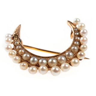 Victorian pearl and 14k gold crescent brooch