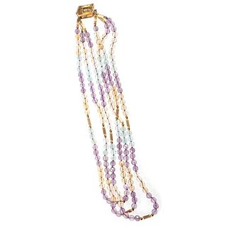Triple-strand gemstone and 14k gold necklace